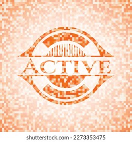 Active abstract orange mosaic emblem with background 