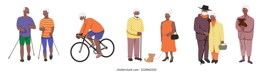 active African American pensioners. Elderly black people who are actively spending time, cycling, Norwegian walking