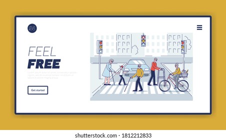 Active aged men and women walking city. Senior people group crossing street on crosswalk holding sticks, on cycle or with help of kids. Cartoon linear vector illustration