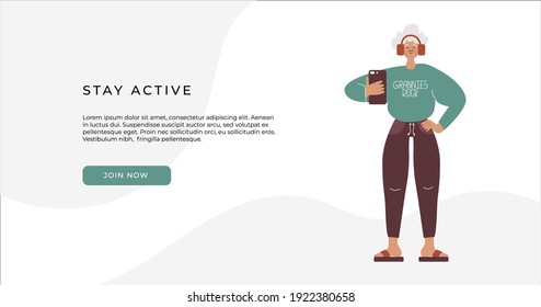 Active ageing concept. Getting old flat vector illustration. Senior female using smartphone. Old people and technology concept. Active, sporty, fit grandmother. Website banner for inclusive community.