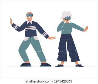 Active ageing flat concept. Old people in VR headset getting entertainment, education or playing games together. Modern innovation for elderly. Modern grandparents domestic life and leisure activity. 