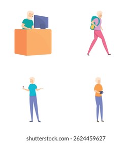 Iconos de envejecimiento activo establecen el Vector de dibujos animados. Personas mayores disfrutando de diferentes pasatiempos. Estilo de vida saludable y activo