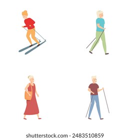 Active aging icons set cartoon vector. Senior people active healthy lifestyle. Hobby, pastime