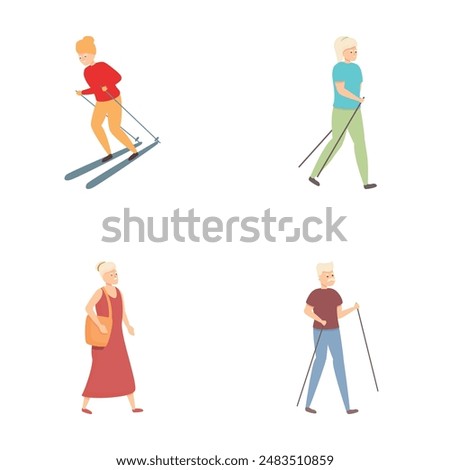 Active aging icons set cartoon vector. Senior people active healthy lifestyle. Hobby, pastime