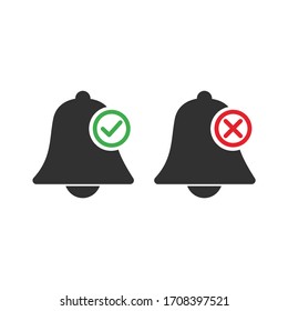 An active alarm bell or notofication icon with checkmark, deactivated alarm with cross icon for your device or app. Stock Vector illustration isolated on white background.