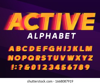 Active alphabet font. Fast speed effect dynamic letters and numbers. Stock vector typescript for your design in sport style.