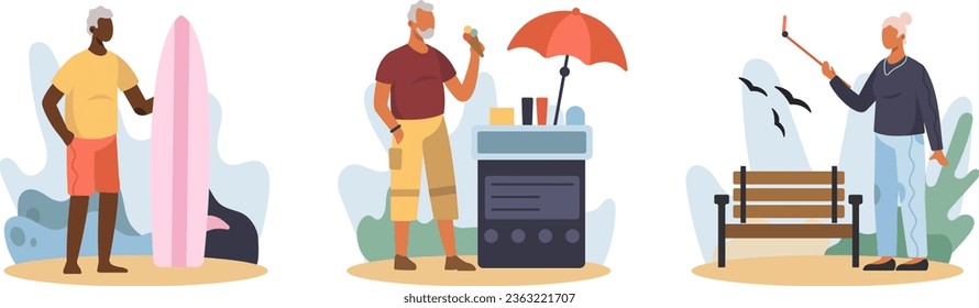 Active American man standing on beach near surfboard. Man eating ice-cream outside. Old lady walking in park, makes selfie. Flat vector illustration in cartoon style