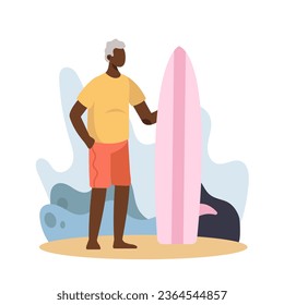 Active American man standing on beach near surfboard. Modern and active lifestyle for old people concept. Flat vector illustration in cartoon style in blue colors