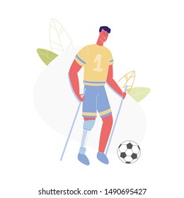 Active Amputee Man Training with Soccer Ball. Athlete with Leg Prosthesis Playing Football, Disabled Character with Amputated Limb Rehabilitation, Recovery Exercise. Cartoon Flat Vector Illustration
