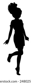 Active anime girl with short ponytail, stylized silhouette illustration. Full body silhouette of an anime cartoon style girl.