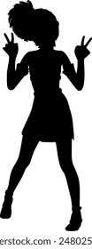 Active anime girl with short ponytail, stylized silhouette illustration. Full body silhouette of an anime cartoon style girl.