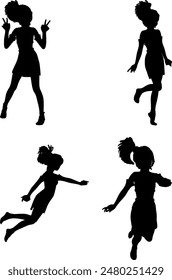 Active anime girl with short ponytail, stylized silhouettes illustration. Four full body silhouettes of an anime cartoon style girl.