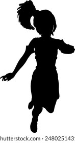 Active anime girl with short ponytail, stylized silhouette illustration. Full body silhouette of an anime cartoon style girl.