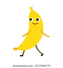 Active banana character walking forward bright yellow body flat vector artwork perfect for movement concepts storytelling and mascot designs