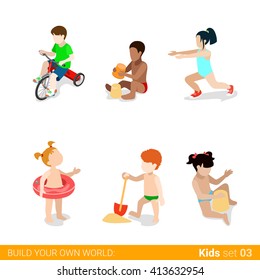 Active beach vacation children at play parenting flat web infographic concept vector icon set. Riding bicycle sand building yoga swim ring. Creative people collection.