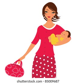 Active beautiful mom walking with her little  baby