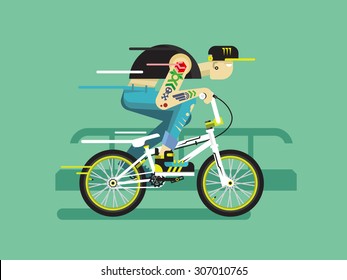 Active bicyclist. Young guy on bmx traffic, motion active. Flat vector illustration