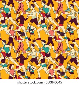Active big group people run sport seamless pattern. Color vector illustration. EPS8