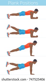 The active black young man in the various plank positions. Afro-american strong adult boy in the sportswear is doing the plank exercises and training in the plank postures. Flat vector illustration.