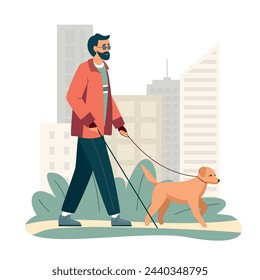 Active blind bearded man walking with guide dog in the city park. Diversity concept, Healthy men lifestyle. Guide dog is helping a blind man. Vector illustration isolated on white svg