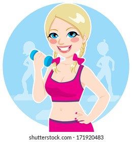 Active blonde practicing fitness exercise with dumbbell at the gym