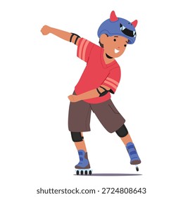 Personaje de dibujos animados de niño niño activo que lleva casco lindo protector y equipo de seguridad patinaje sobre ruedas aislado en blanco. Niño valiente que disfruta de la velocidad y de la Ilustración vectorial al aire libre de la actividad deportiva