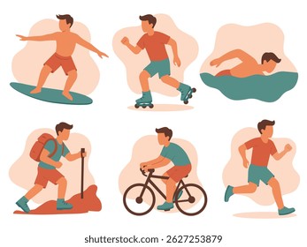 Active boy doing summer outdoor sports and fitness activities cycling, hiking, swimming, skating, surfing, running