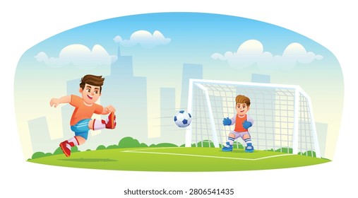 Active boy kicking a ball to score a goal while the goalkeeper tries to defend the post. Vector cartoon illustration