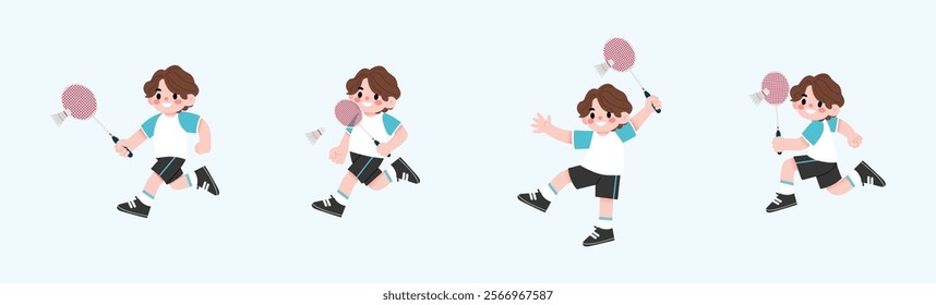 Active Boy Playing Badminton Fun Cartoon Illustration of Child Running and Hitting Shuttlecock