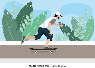 Active boy ride skateboard. Street sport teen isolated on blue background.Boy skater jumping on board flat style, vector illustration