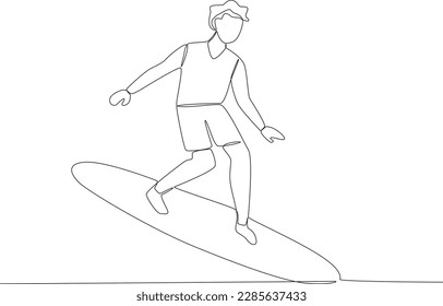 An active boy surfing on the beach. Surfing one-line drawing