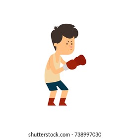 Active boy teen boxer in boxing gloves cartoon character, kids physical activities vector Illustration