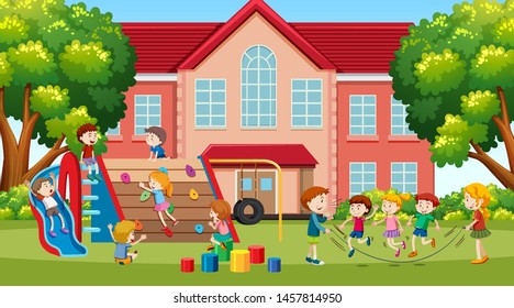 Active boys, girls and friends playing sport activities outdoors illustration