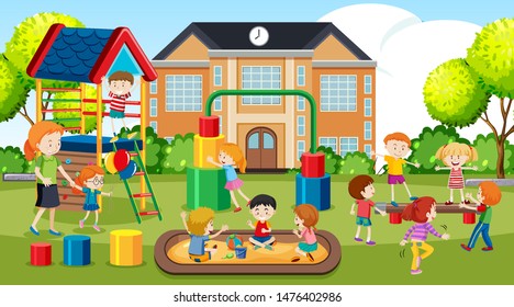 Active boys, girls and friends playing sport activities outdoors illustration