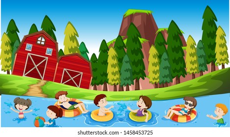 Active boys and girls playing sport and fun activities outside illustration