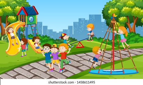 Active boys and girls playing sport and fun activities outside illustration