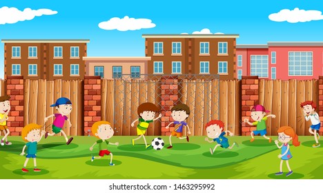 Active boys and girls playing sport and fun activities outside illustration