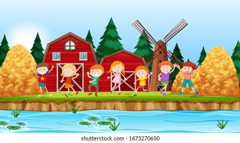 Active boys and girls playing sport and fun activities outside illustration