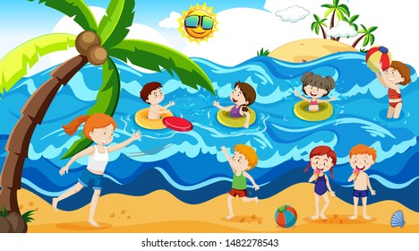 Active boys and girls playing sport and fun activities outside illustration