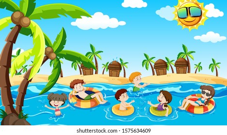 Active boys and girls playing sport and fun activities outside illustration