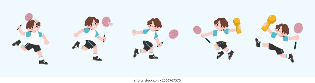 Active Boys Playing Badminton Winning Championship Trophy Cartoon Illustration