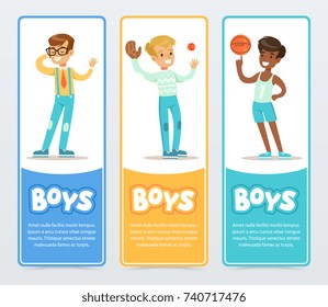 Active boys playing different sports, boys banners for advertising brochure, promotional leaflet poster, presentation flat vector element for website or mobile app