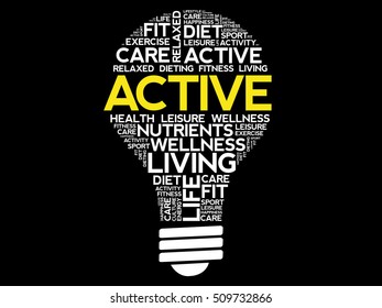ACTIVE bulb word cloud collage, health concept background
