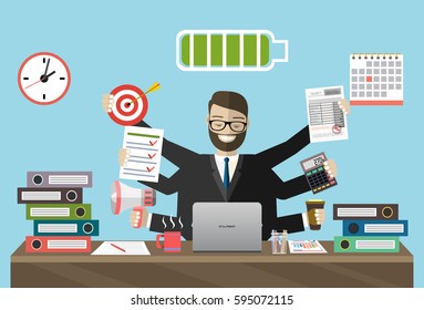 Active business man work laptop computer full battery flat vector iIllustration