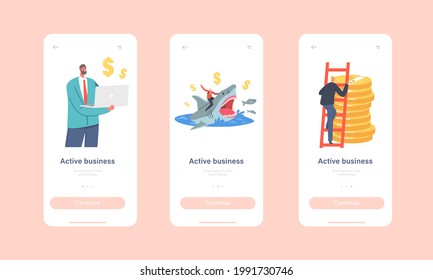 Active Business Mobile App Page Onboard Screen Template Set. Tiny Businessman Character Riding Dangerous Shark, Holding Laptop, Climb On Golden Coins Pile Concept. Cartoon People Vector Illustration