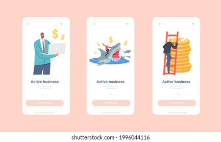 Active Business Mobile App Page Onboard Screen Template. Tiny Businessman Character Climbing on Huge Coins Pile, Riding Dangerous Shark, Work on Laptop Concept. Cartoon People Vector Illustration