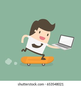 Active Businessman. Businessman On Skateboard With Laptop.