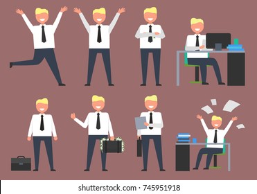 Active businessman at work doing different activities such as working and having fun and staying positive all time vector illustration