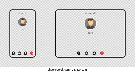 Active Call On Smartphone And Tablet. Phone Icon On Transparent Background. Online Video Call. Isolated Chat Conference. Conference Template With Mute Icon And Video Sign. Vector EPS 10