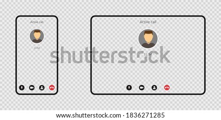 Active call on smartphone and tablet. Phone icon on transparent background. Online video call. Isolated chat conference. Conference template with mute icon and video sign. Vector EPS 10